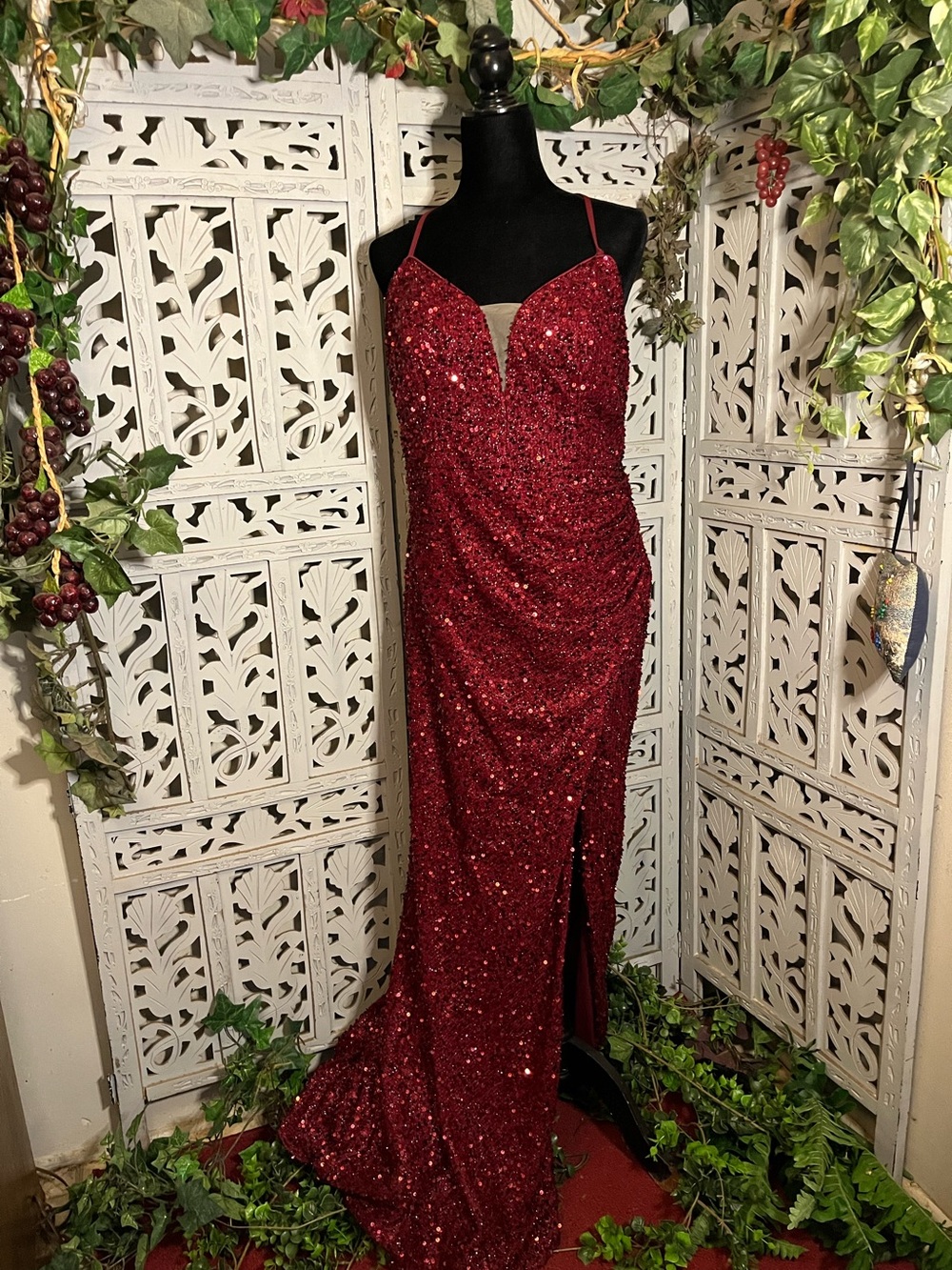 GLAMOROUS RED ALL-OVER SEQUIN WITH SIDE SLIT STRAPPED FORMAL GOWN DRESS